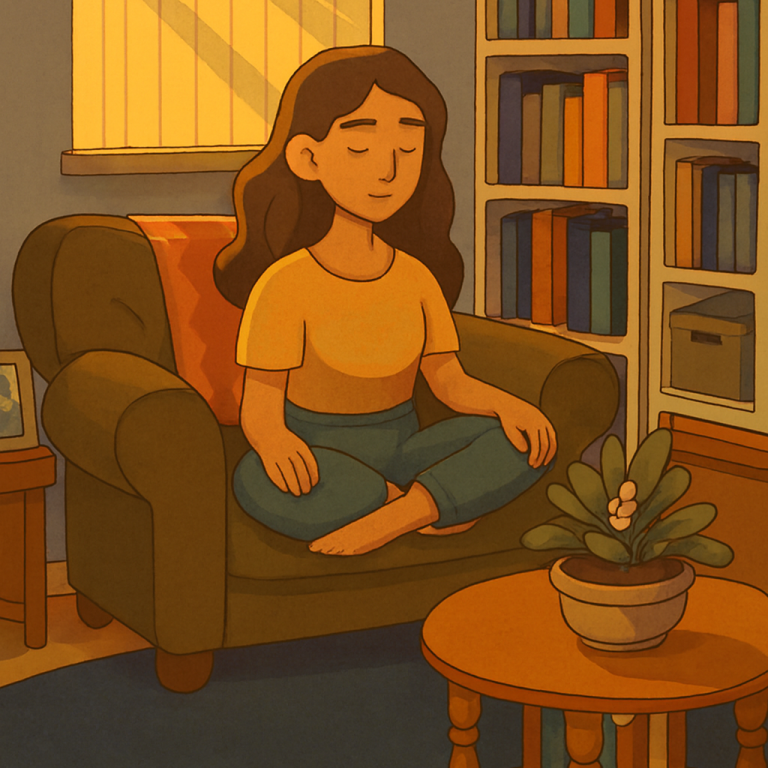A girl sitting cross-legged on a sofa, meditating in a cozy living room.