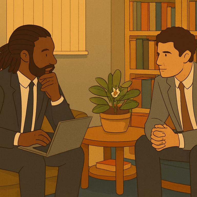 Two men in business attire engaged in a conversation with a plant nearby.