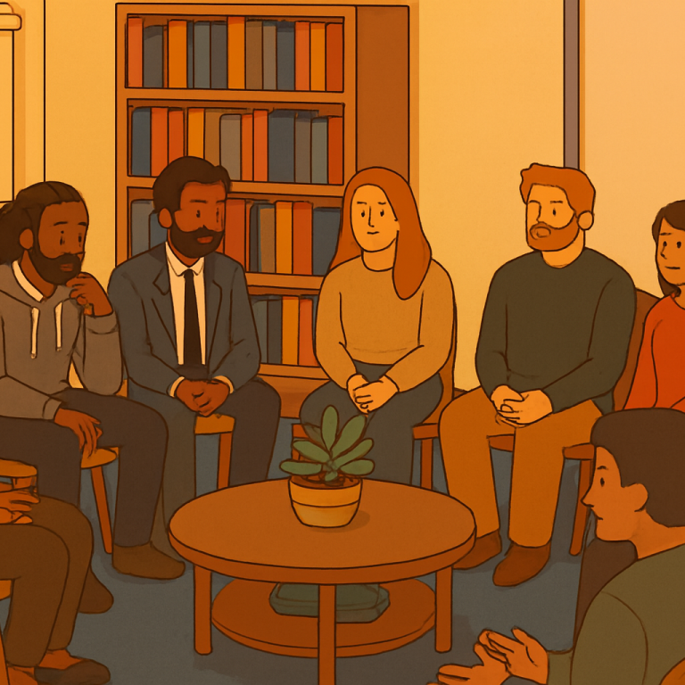 A group of diverse people seated in a circle, engaging in discussion around a coffee table.