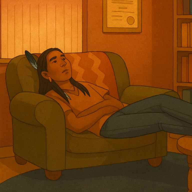 A person relaxes on a couch with a serene expression in a warm, cozy room.